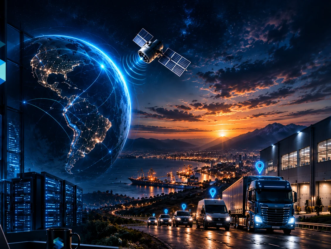 Ilustración tecnológica de seguimiento satelital y flota de vehículos